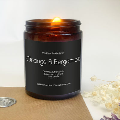 Personalised Black Thank You Candle Gift - Orange & Bergamot | Woodwick candle gift | twentytwokisses