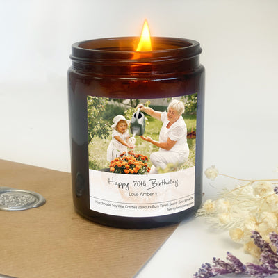 70th Birthday Candle Gift | Woodwick Candle |  Personalised Photo Candle Gift