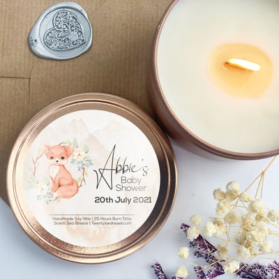 Baby Shower Rose Gold Tin Candle Gift | 250ml Woodwick Candle | Design - Cinnamon Wreath 