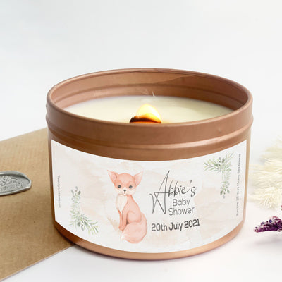 Baby Shower Rose Gold Tin Candle Gift | 250ml Woodwick Candle | Design - Cinnamon 