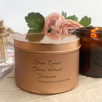 Sympathy Rose Gold Tin Candle Gift | Woodwick Candle | Stars can not shine without darkness
