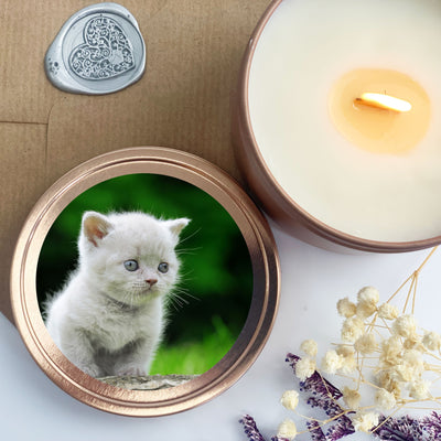 Cat Lovers Rose Gold Tin Candle Gift | Woodwick Candle |  Custom Photo Candle Gift