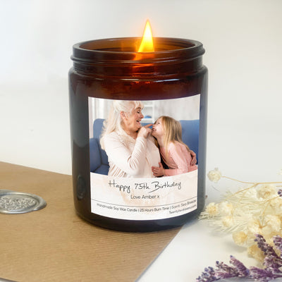 75th Birthday Candle Gift | Woodwick Candle |  Personalised Photo Candle Gift