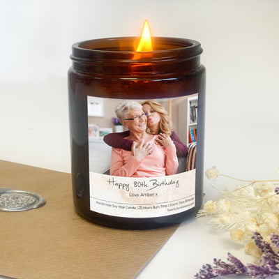 80th Birthday Candle Gift | Woodwick Candle |  Personalised Photo Candle Gift