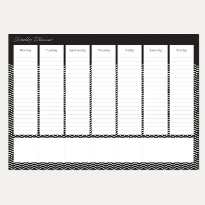 Weekly Desk Planner Pads  Organise your week with our tear away Weekly Desk Planner Pad. Perfect for any home or office!  Available in two sizes - A3 / A4. 50 sheets per pad. Quality 120gsm Uncoated Stock, with a cardboard backing. (FSC Approved) All printed with a minimalistic, clean look. Personalisation Available. Matching items are available, please see our store for other products. Proudly designed, printed and made in the UK.